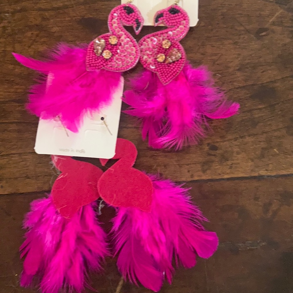 Pink Feather Flamingo earrings new tags